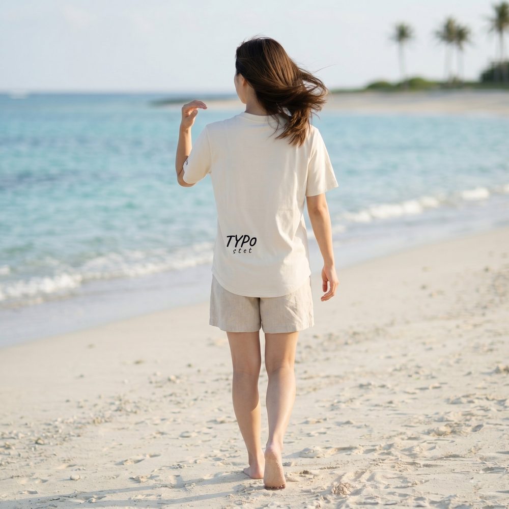 TYP0stetのシャツを着て浜辺を歩く女性